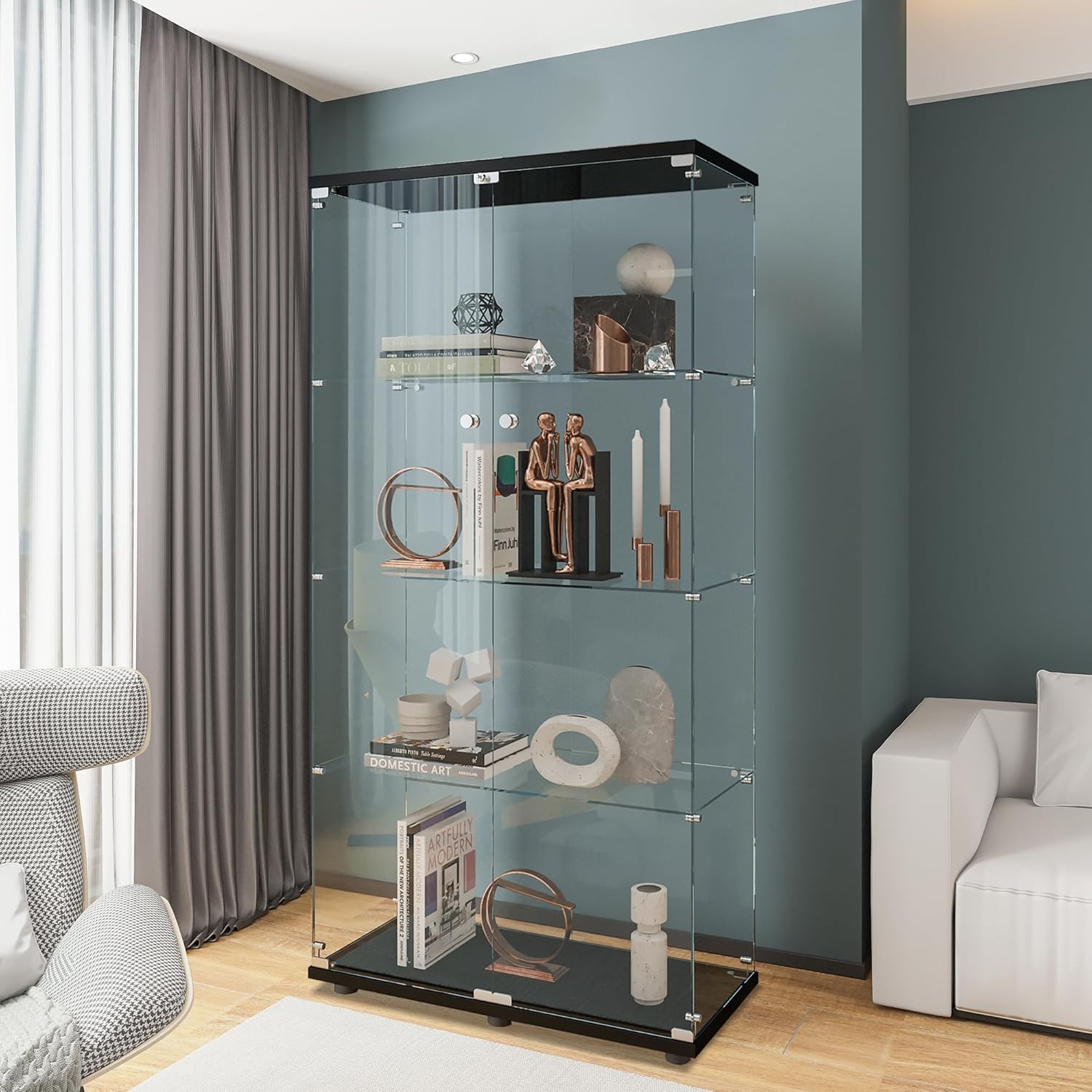Glass Cabinet Display - Glas-Vitrine mit 4 Regalen, 2 Türen,